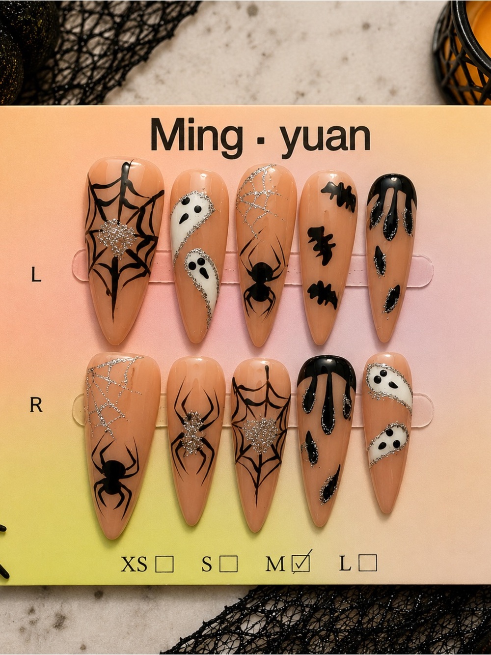 Nude Halloween Press-On Nails with Spider & Ghost Designs - Medium